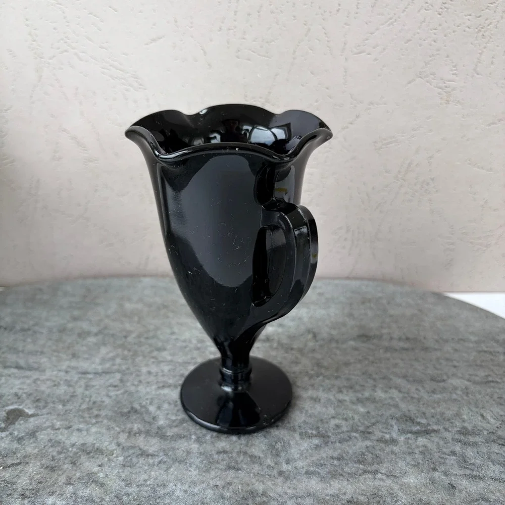 Vintage Black Amethyst Glass Trophy Vase Double Handled Ruffled Pedestal Urn 6in